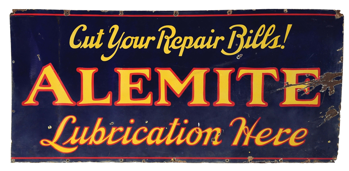 ALEMITE MOTOR OILS & LUBRICATION PORCELAIN SERVICE STATION SIGN.