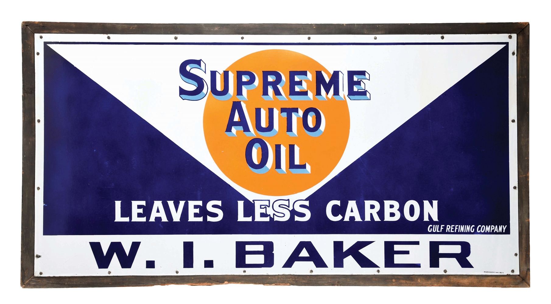 RARE & OUTSTANDING GULF SUPREME AUTO OIL PORCELAIN SERVICE STATION SIGN W/ ORIGINAL WOOD FRAME FOR W.I. BAKER. 