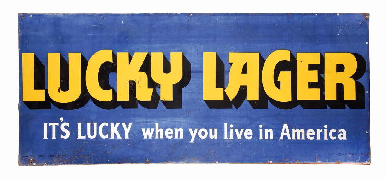 SINGLE-SIDED LUCKY LAGER PAINTED METAL SIGN.