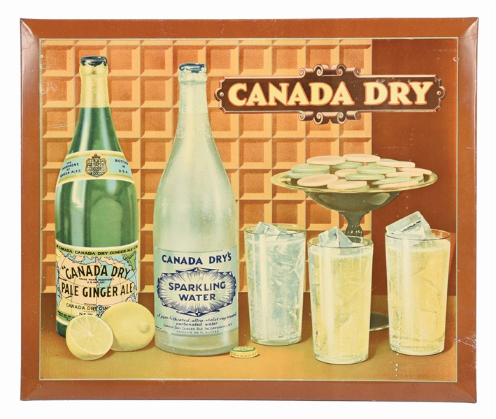 CANADA DRY BEVERAGES TIN OVER CARDBOARD DISPLAY SIGN W/ EASEL BACK. 