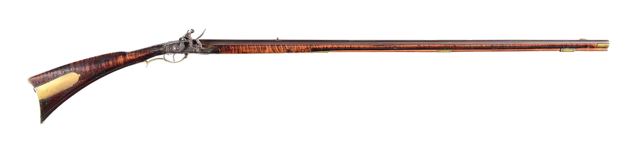 (A) EARLY AND FINE CARVED FLINTLOCK KENTUCKY RIFLE ATTRIBUTED TO JOHN RUPP.