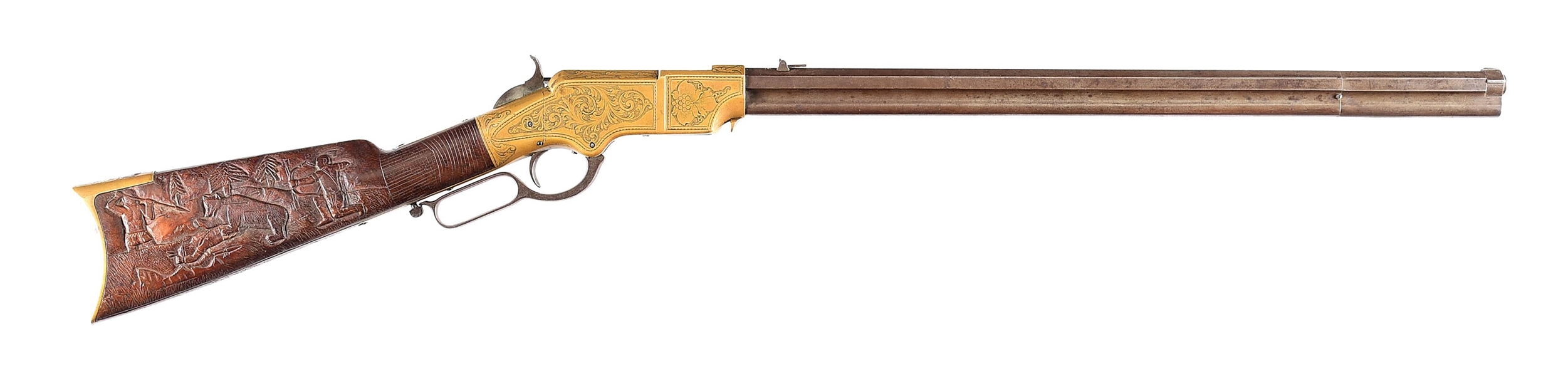 (A) J.D. BATZ CARVED AND HOGGSON ENGRAVED HENRY MODEL 1860 LEVER ACTION RIFLE WITH ORIGINAL INDIAN SCABBARD.