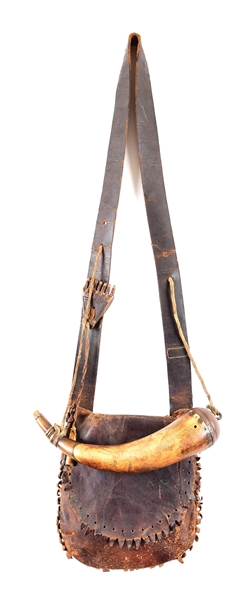 COMPLETE FRINGED LEATHER HUNTING BAG WITH TANSEL ENGRAVED POWDER HORN. 