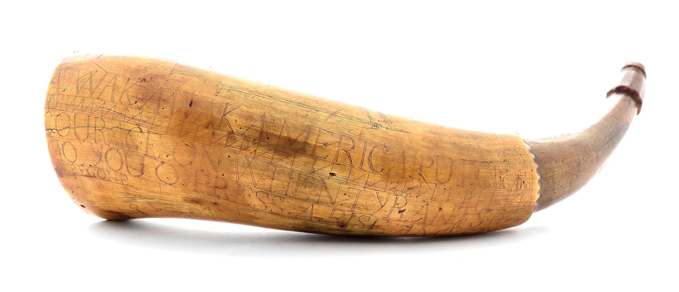 PATRIOTIC SOLDIER ENGRAVED POWDER HORN WITH AMERICAN LIBERTY POEMS.