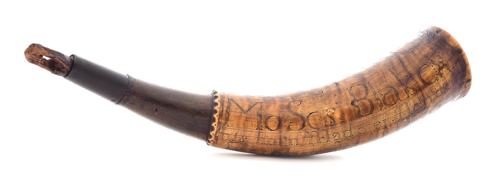 ENGRAVED 1760 DATED POWDER HORN OF MOSES BLAKE, FORT LENNOX. 