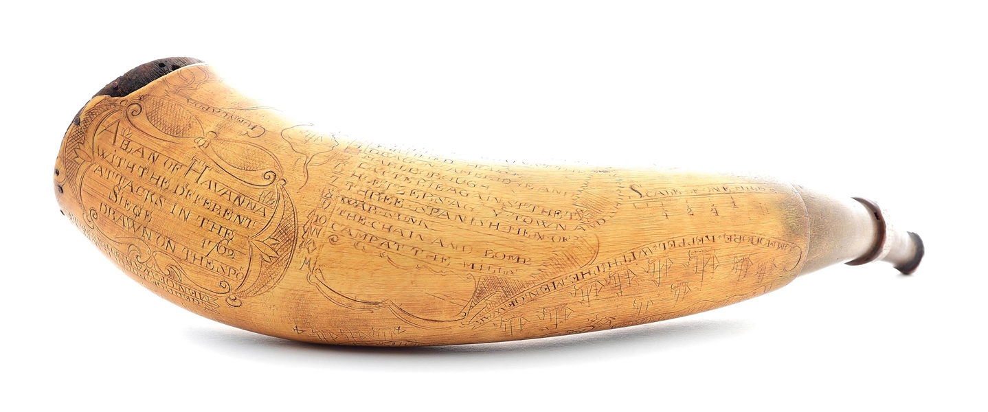 RARE ENGRAVED HAVANA POWDER HORN DATED 1760 WITH GUTHMAN LETTER.