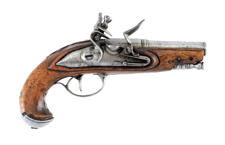 (A) PERIOD MINIATURE FRENCH FLINTLOCK PISTOL WITH CARVING ON TANG.