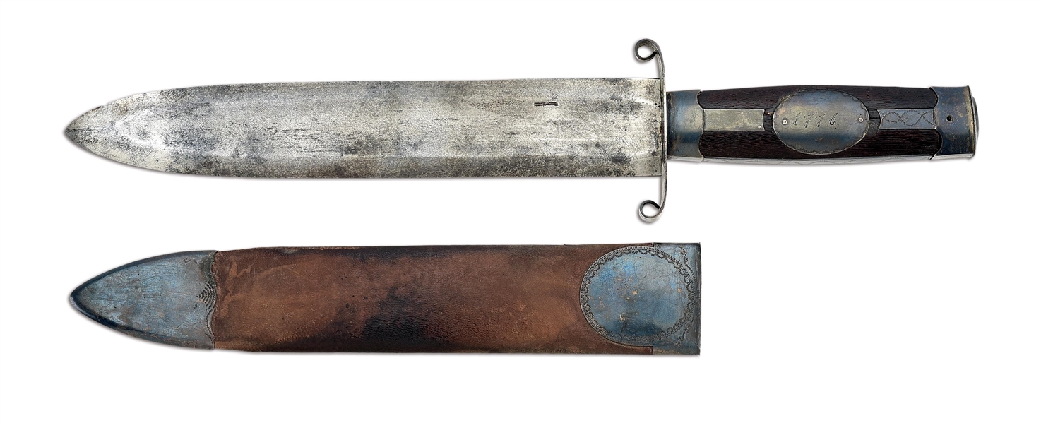 IMPORTANT DATED AND IDENTIFIED SILVER MOUNTED HESSIAN USED AMERICAN KNIFE WITH SCABBARD AND PROVENANCE.