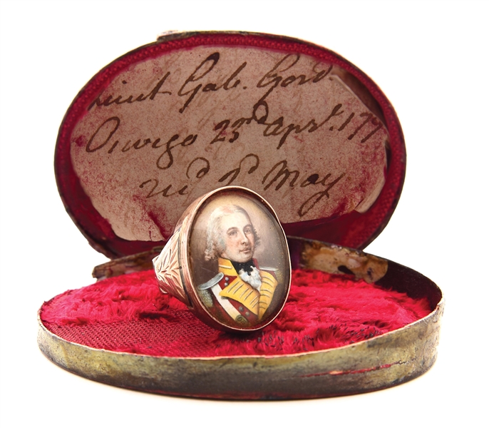 IDENTIFIED BOXED 1795 DATED GOLD RING WITH PORTRAIT OF BRITISH OFFICER GABRIEL GORDON. 