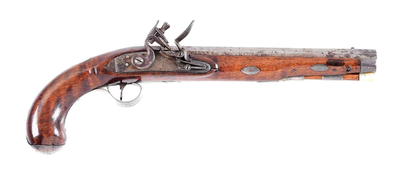 (A) SILVER INLAID AND SILVER MOUNTED FLINTLOCK KENTUCKY PISTOL SIGNED G. SUTTON.