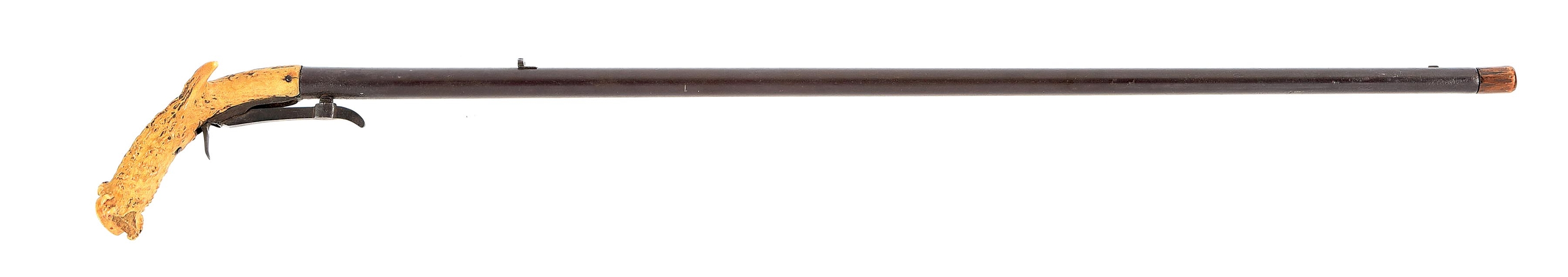 (A) WELL-MADE ANTLER HANDLED UNDERHAMMER PERCUSSION CANE GUN.