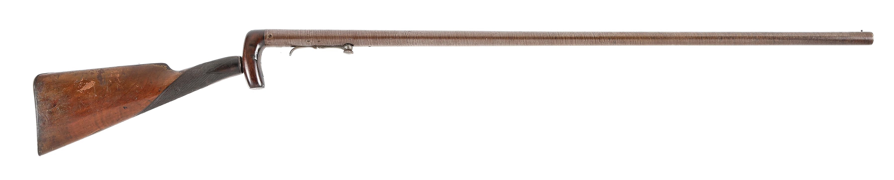 (A) ENGLISH UNDERHAMMER PERCUSSION CANE GUN WITH STOCK, MADE BY HUICKINSON.
