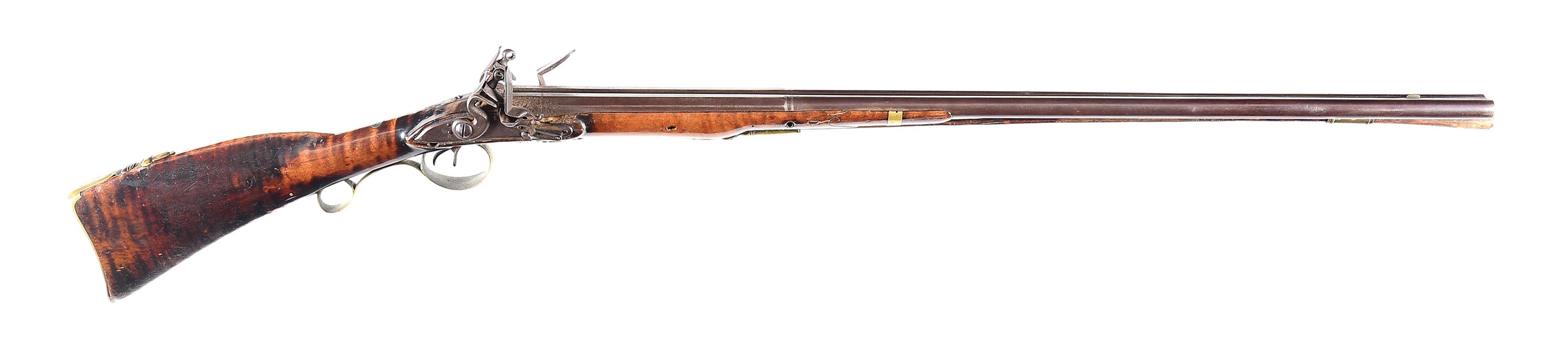 (A) UNTOUCHED AMERICAN TIGER MAPLE STOCKED FLINTLOCK DOUBLE BARREL SIDE BY SIDE SHOTGUN WITH INLAID TRADE SILVER.