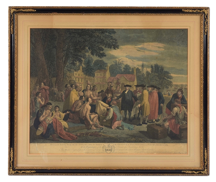 "WILLIAM PENN SIGNS A TREATY WITH THE INDIANS" FRAMED COLORED ENGRAVING.