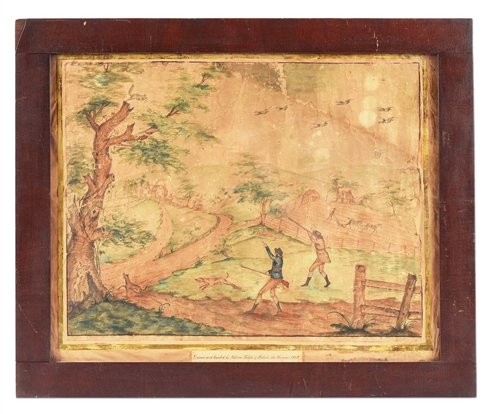 1800 DATED FRAMED AMERICAN FOLK ART WATER COLOR OF A SQUIRREL HUNTING LANDSCAPE SCENE.