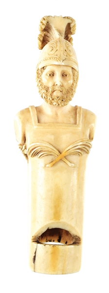 ORNATE IVORY WHISTLE WITH CARVED ROMAN SOLDIER.