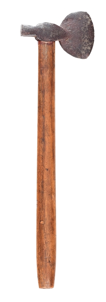 DIMINUTIVE 18TH CENTURY RIFLEMANS POLE AX WITH LEATHER COVER.