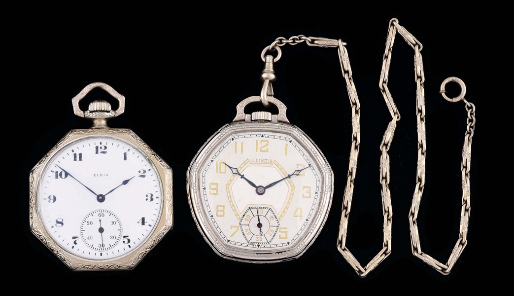 LOT OF 2: WHITE GOLD FILLED O/F POCKET WATCHES.