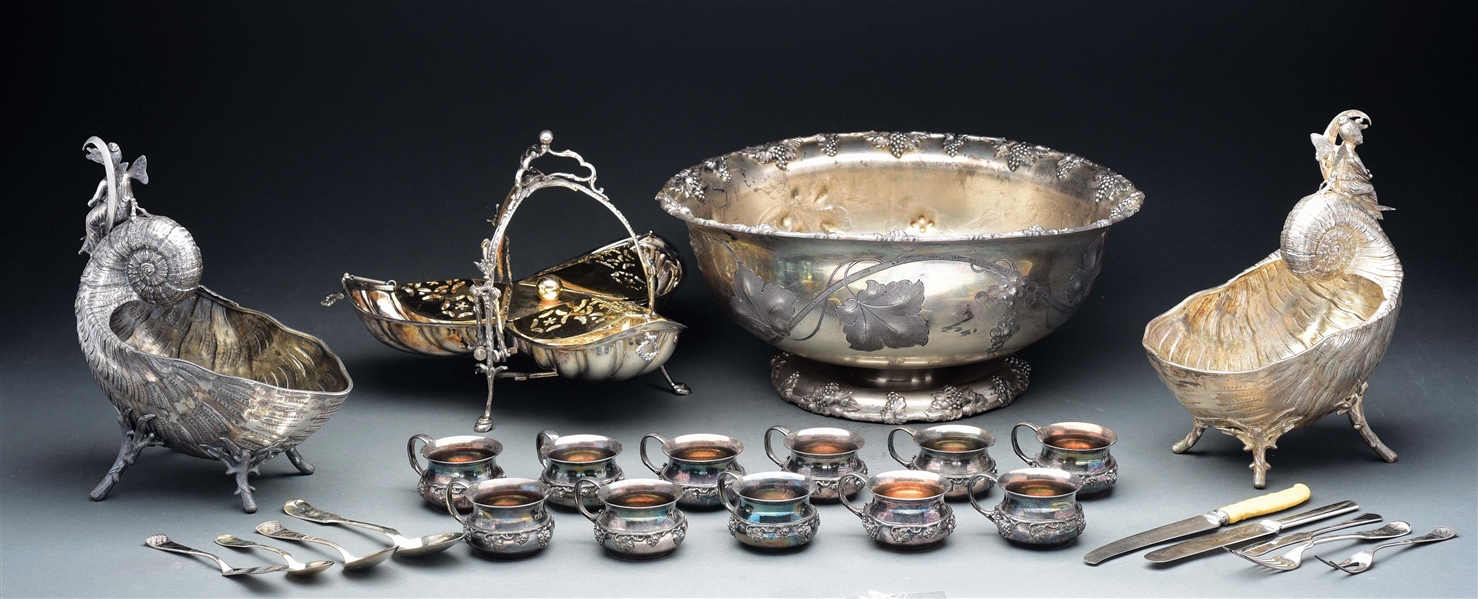 A LARGE GROUP OF SILVER PLATED WARES. 