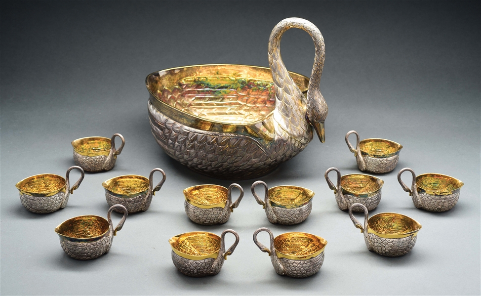 A MEXICAN STERLING PUNCH BOWL AND CUPS. 