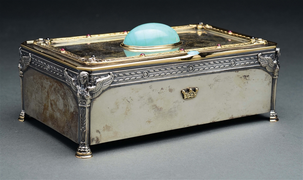 FRENCH HENIN AND CO SILVER AND JEWELED DECORATED BOX.