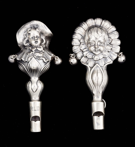 LOT OF 2: GORHAM STERLING SILVER BABY RATTLES WITH WHISTLES.