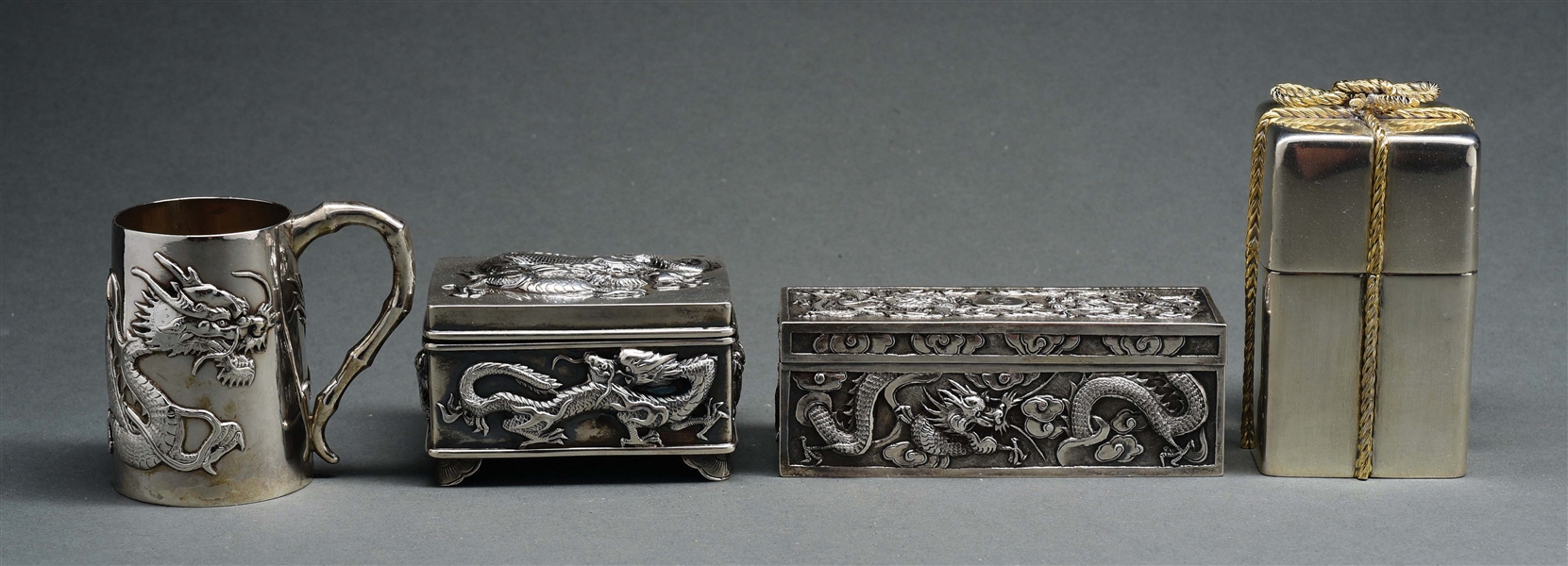 LOT OF 4: ASIAN EXPORT SILVER PIECES AND A MEXICAN BOX.