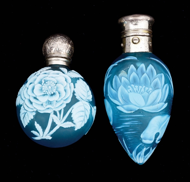 LOT OF 2: CAMEO GLASS PERFUME OR SCENT BOTTLES.