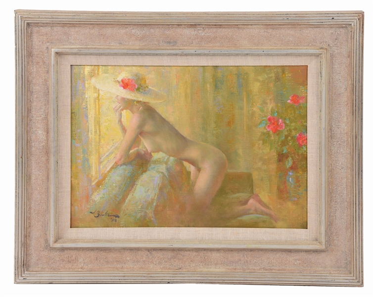OIL ON CANVAS NUDE WOMAN WITH HAT.