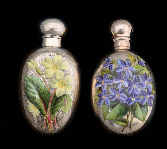 LOT OF 2: ENGLISH SILVER AND ENAMEL SCENT BOTTLES.