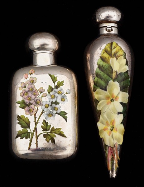 TWO ENGLISH SILVER AND ENAMEL SCENT BOTTLES. 
