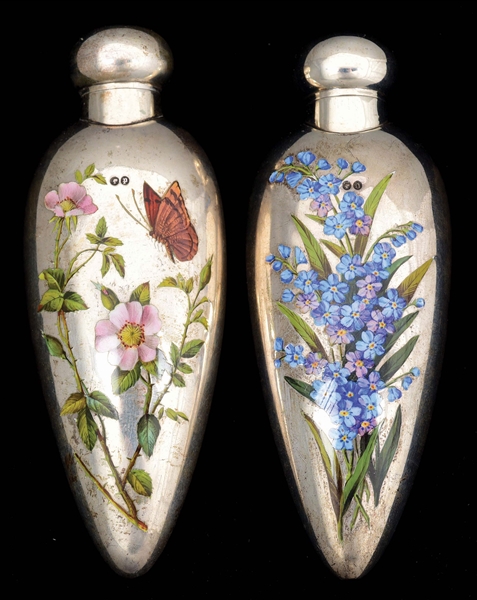 TWO ENGLISH SILVER AND ENAMEL SCENT BOTTLES.