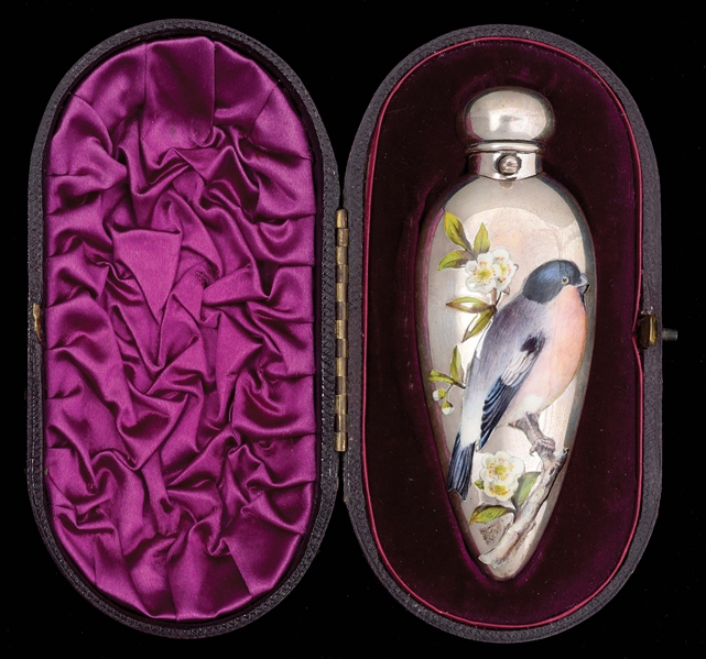 AN ENGLISH SILVER AND ENAMEL SCENT BOTTLE. 