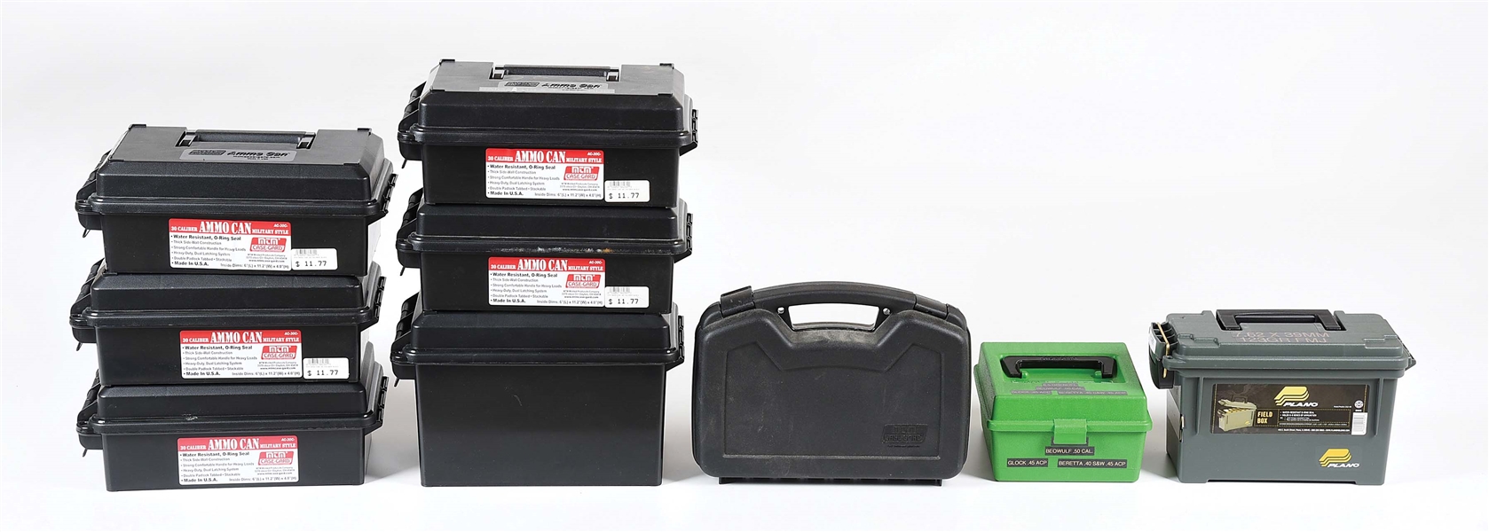 LOT OF 9: 8 EMPTY AMMUNITION CONTAINERS AND A PISTOL CASE.