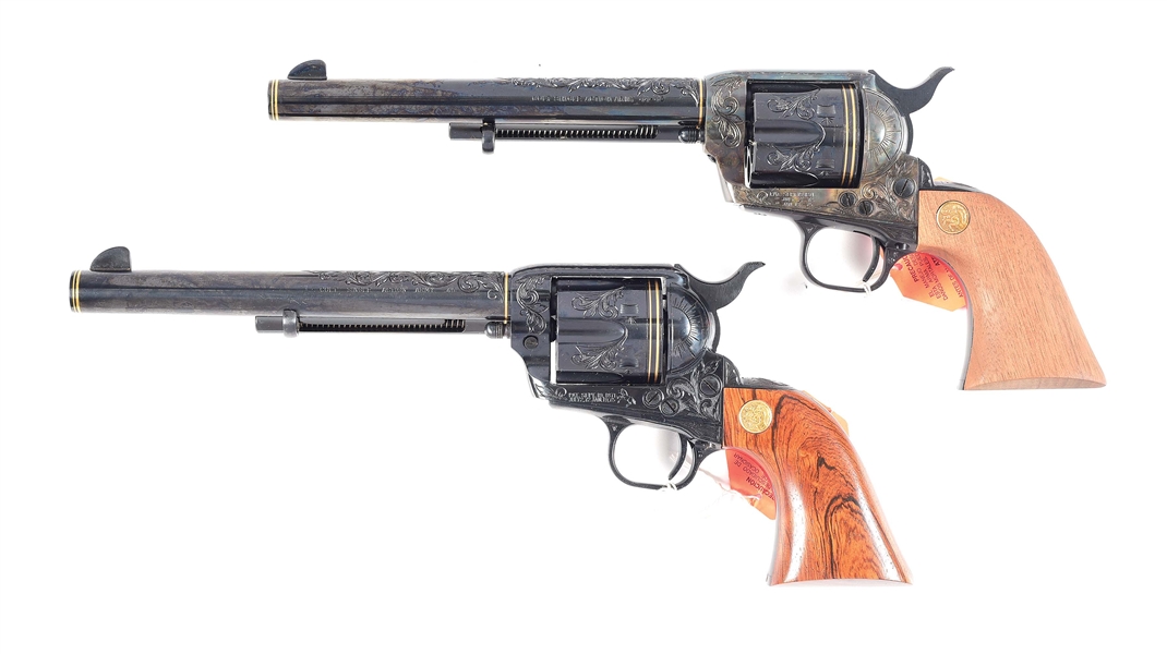 (M) PAIR OF LIKE NEW ENGRAVED 3RD GENERATION COLT SINGLE ACTION ARMY REVOLVERS ENGRAVED BY MASTER ENGRAVER BEN SHOSTLE.