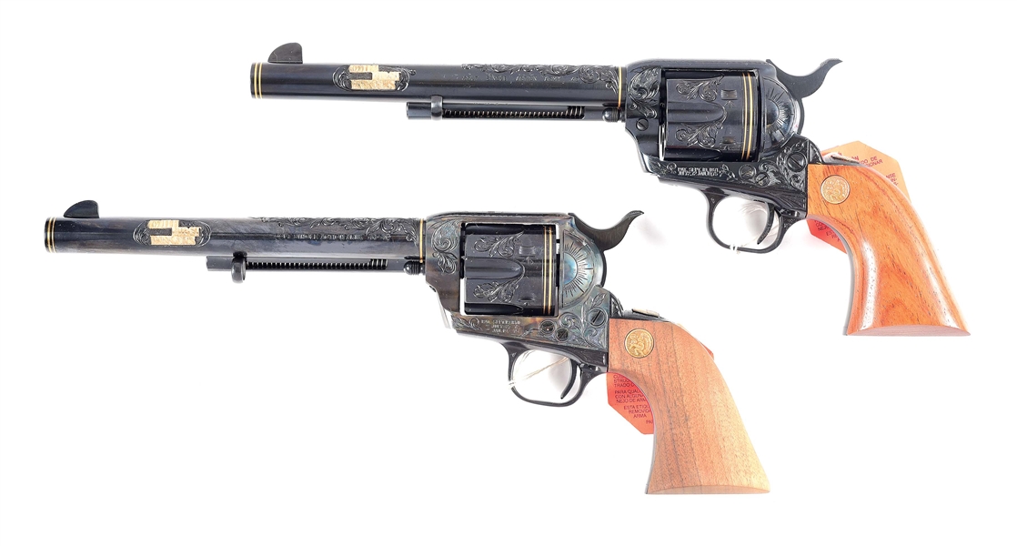 (M) PAIR OF SPECIAL ORDER LKE NEW COLT SINGLE ACTION ARMY REVOLVERS ENGRAVED BY MASTER ENGRAVER BEN SHOSTLE.