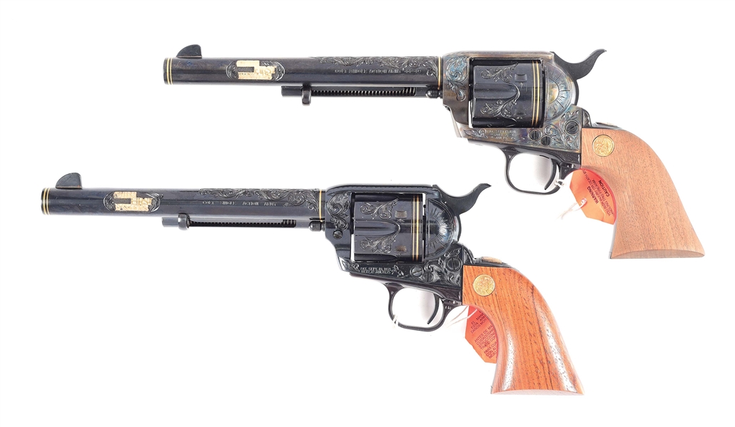 (M) PAIR OF SPECIAL ORDER LKE NEW COLT SINGLE ACTION ARMY REVOLVERS ENGRAVED BY MASTER ENGRAVER BEN SHOSTLE.