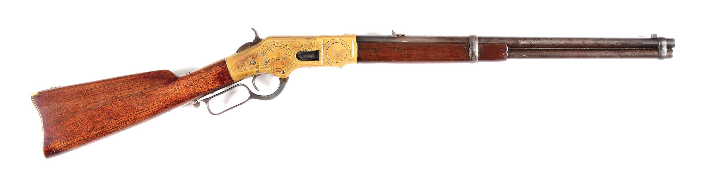 (A) ENGRAVED WINCHESTER MODEL 1866 LEVER ACTION SADDLE RING CARBINE.