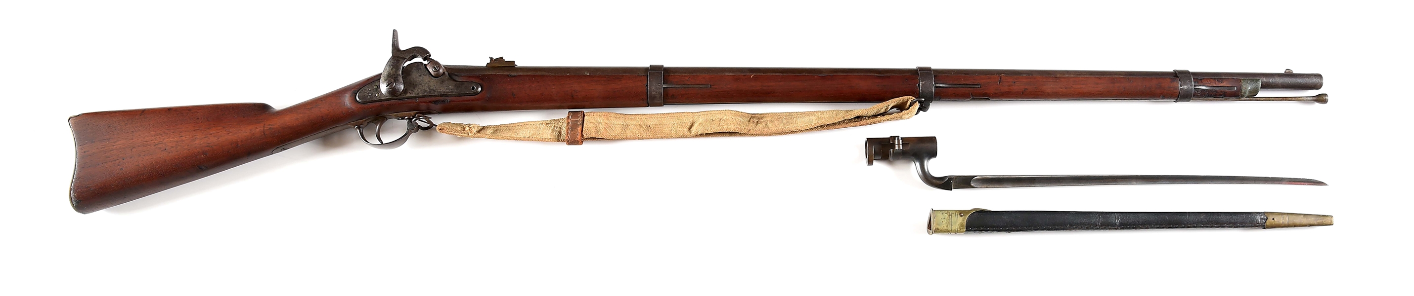 (A) RICHMOND TYPE III RIFLE MUSKET DATED 1863 WITH CONFEDERATE SLING, BAYONET, AND SCABBARD.