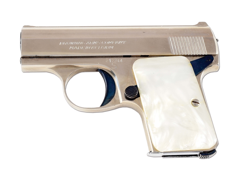 (C) NICKEL FINISHED BABY BROWING SEMI AUTOMATIC POCKET PISTOL WITH SLEEVE.