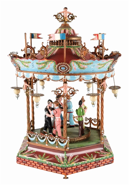 CONTEMPORARY HAND-PAINTED MECHANICAL MUSICAL FRENCH TIN CAROUSEL.