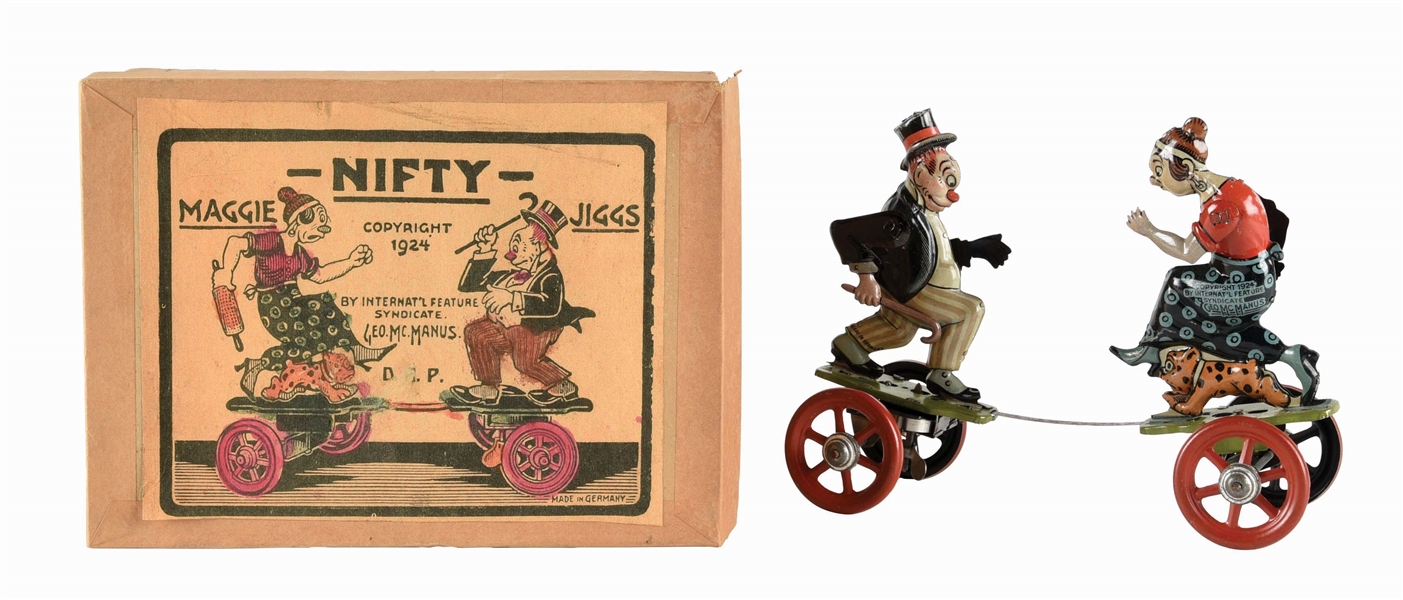 GERMAN NIFTY TIN LITHO WIND-UP MAGGIE & JIGGS FIGHTING TOY.