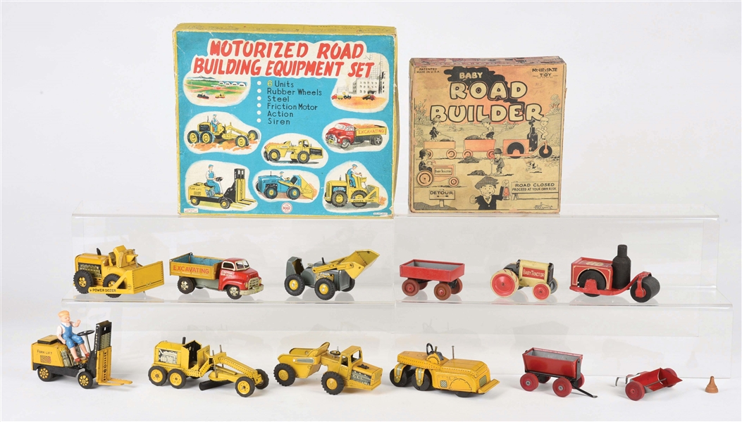 LOT OF 2: PRE AND POST-WAR AMERICAN AND JAPANESE ROADBUILDING SETS.