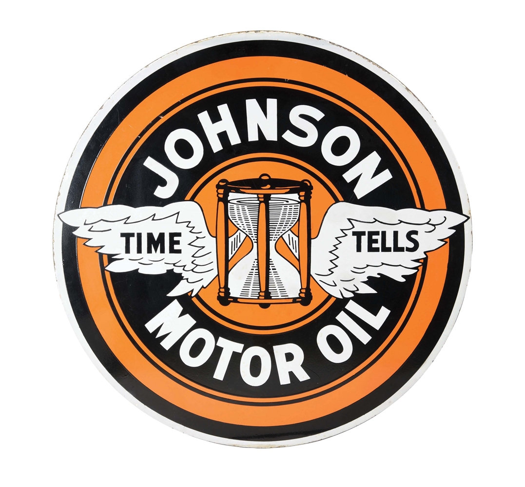 RARE JOHNSON "TIME TELLS" GASOLINE & MOTOR OIL PORCELAIN SERVICE STATION SIGN. 