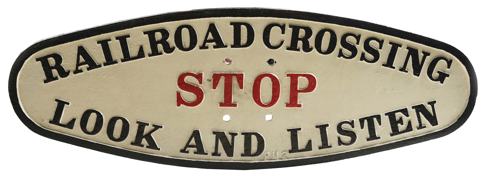 OVAL POLE-MOUNTED CAST IRON RAILROAD CROSSING SIGN.