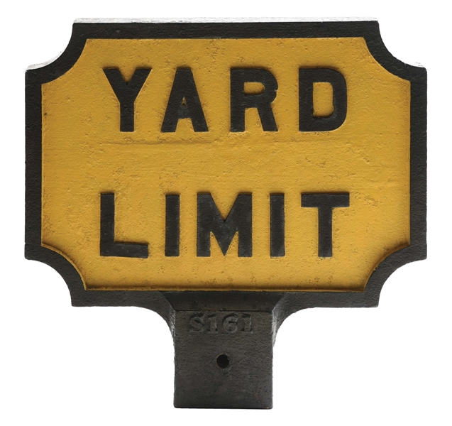 TWO-SIDED CAST IRON POLE-MOUNTED YARD LIMIT SIGN.