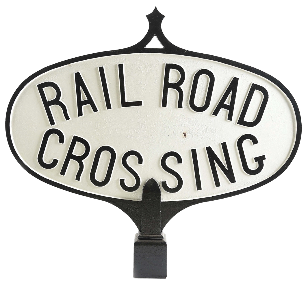 TWO-SIDED OVAL "RAILROAD CROSSING" CAST IRON SIGN.