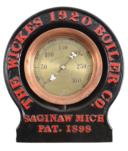 WICKES BOILER GAUGE WITH CAST IRON MOUNT.