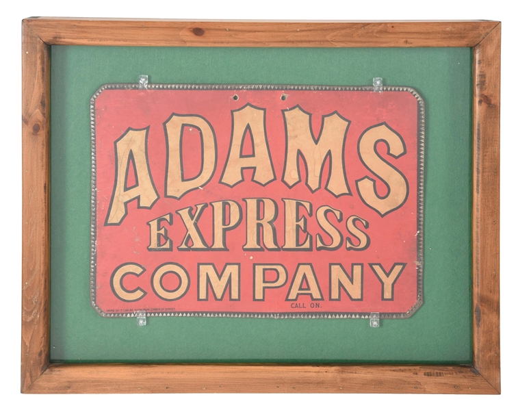 ADAMS EXPRESS COMPANY MASONITE DISPLAY SIGN MOUNTED IN PROFESSIONALLY MADE SHADOW BOX. 