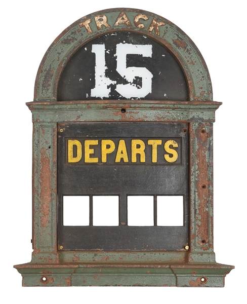 WALL MOUNTED CAST IRON RAILROAD TRACK DEPARTURE SIGN.